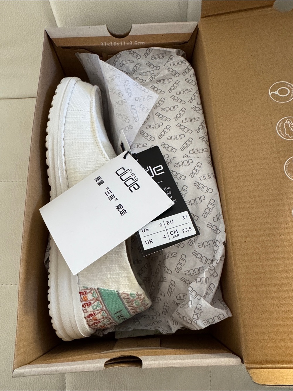Brand New Hey Dude White Slip-On Sneakers with Teal & Coral Heel Accent